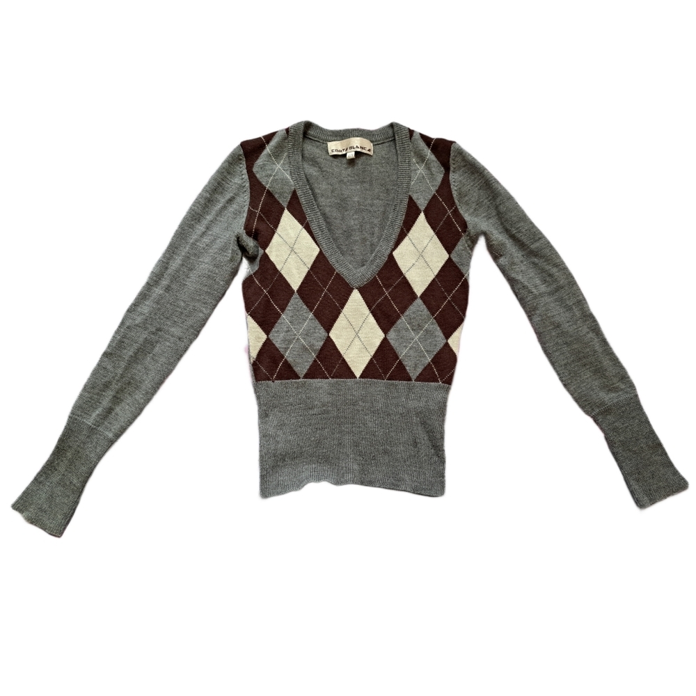 Y2K Costa Blanca grey and brown argyle print top, size x small